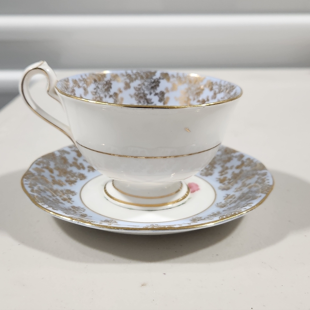 Queen Anne Floral Teacup & Saucer with Gold Trim